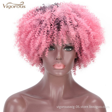 Vigorous Hair Short Curly Wigs for African American Women Pink Cosplay Party Halloween Wig Afro Hair Synthetic Wig With Bangs